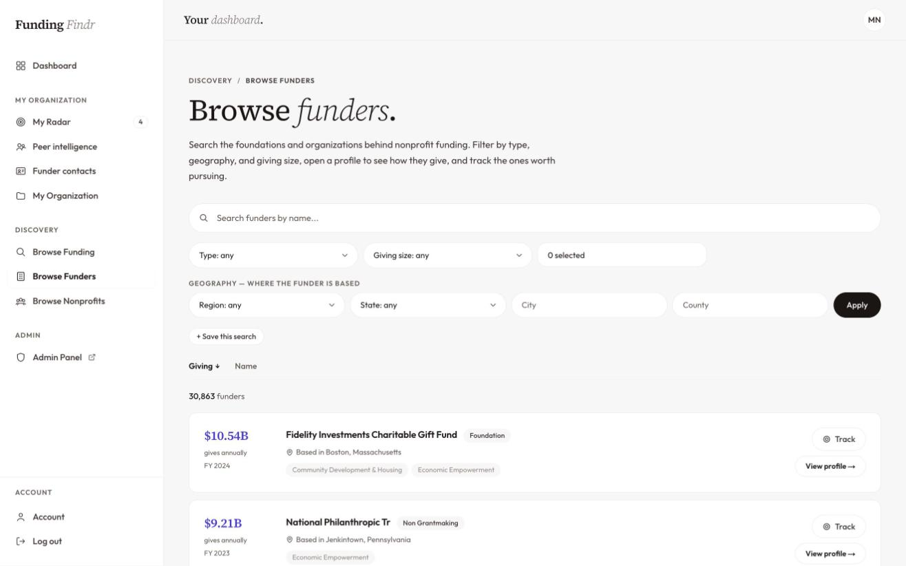 Browse Funders page with filter chips at the top (focus area, geography, giving range, affiliation), a results table of foundations with annual giving, award counts, and recent recipient summaries.