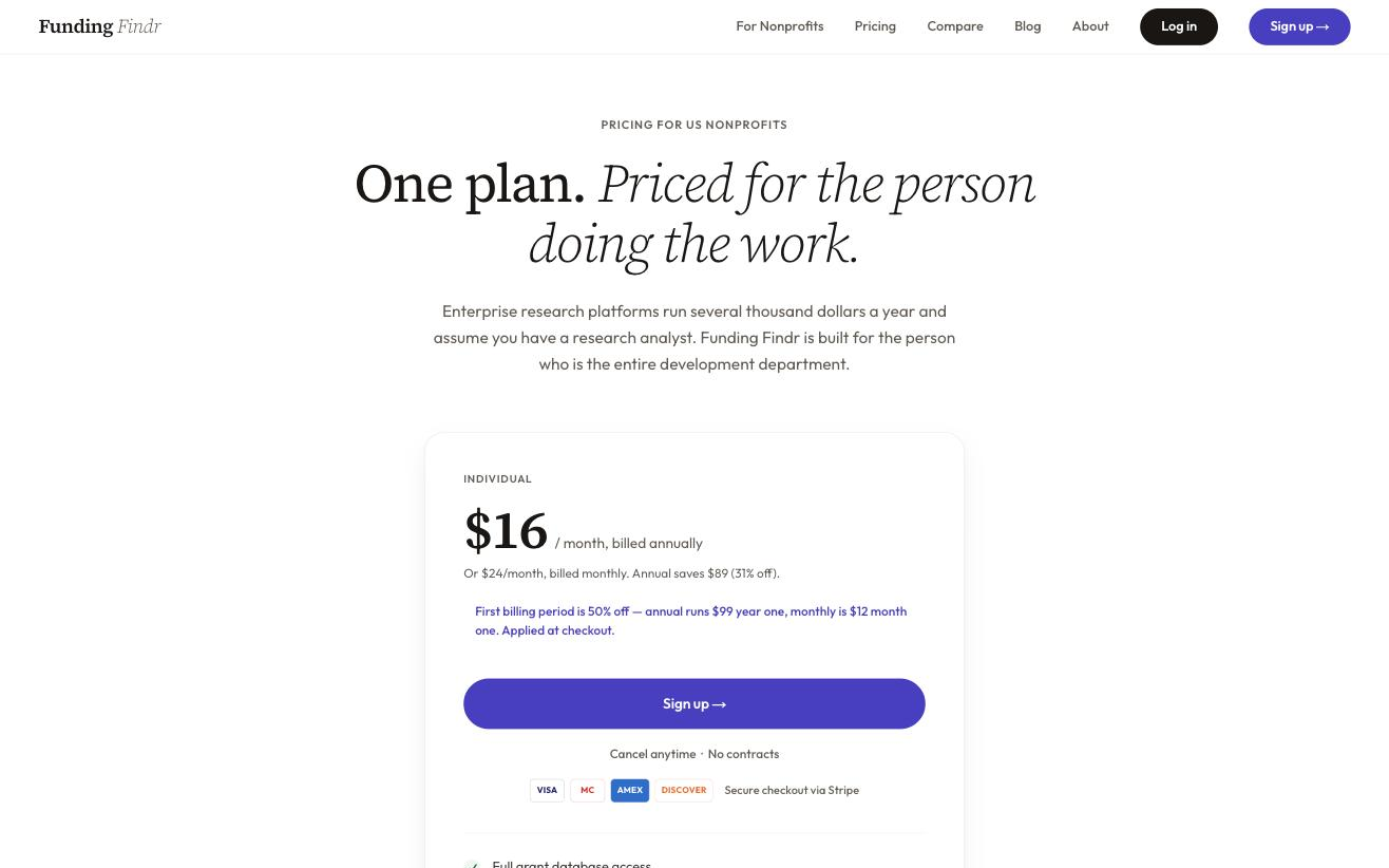 Pricing page with Monthly and Annual toggle, a $24 per month individual card, a $199 per year annual card showing the $16-per-month effective rate, and FAQ below. Luxury-minimal serif plus geometric sans typography on a cream background.
