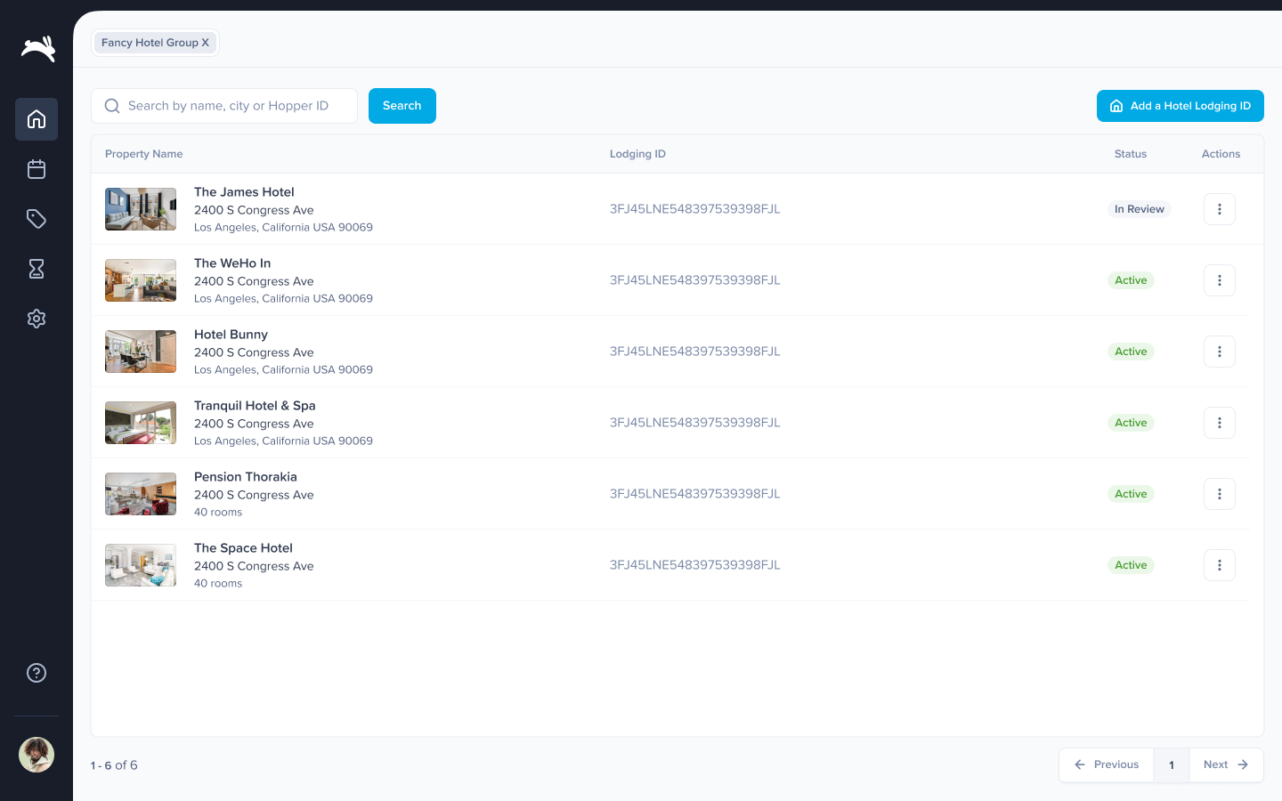 Hopper partner listings table scoped to Fancy Hotel Group X, with 6 hotels, Lodging IDs, status chips (In Review, Active), and an Add a Hotel Lodging ID primary CTA.