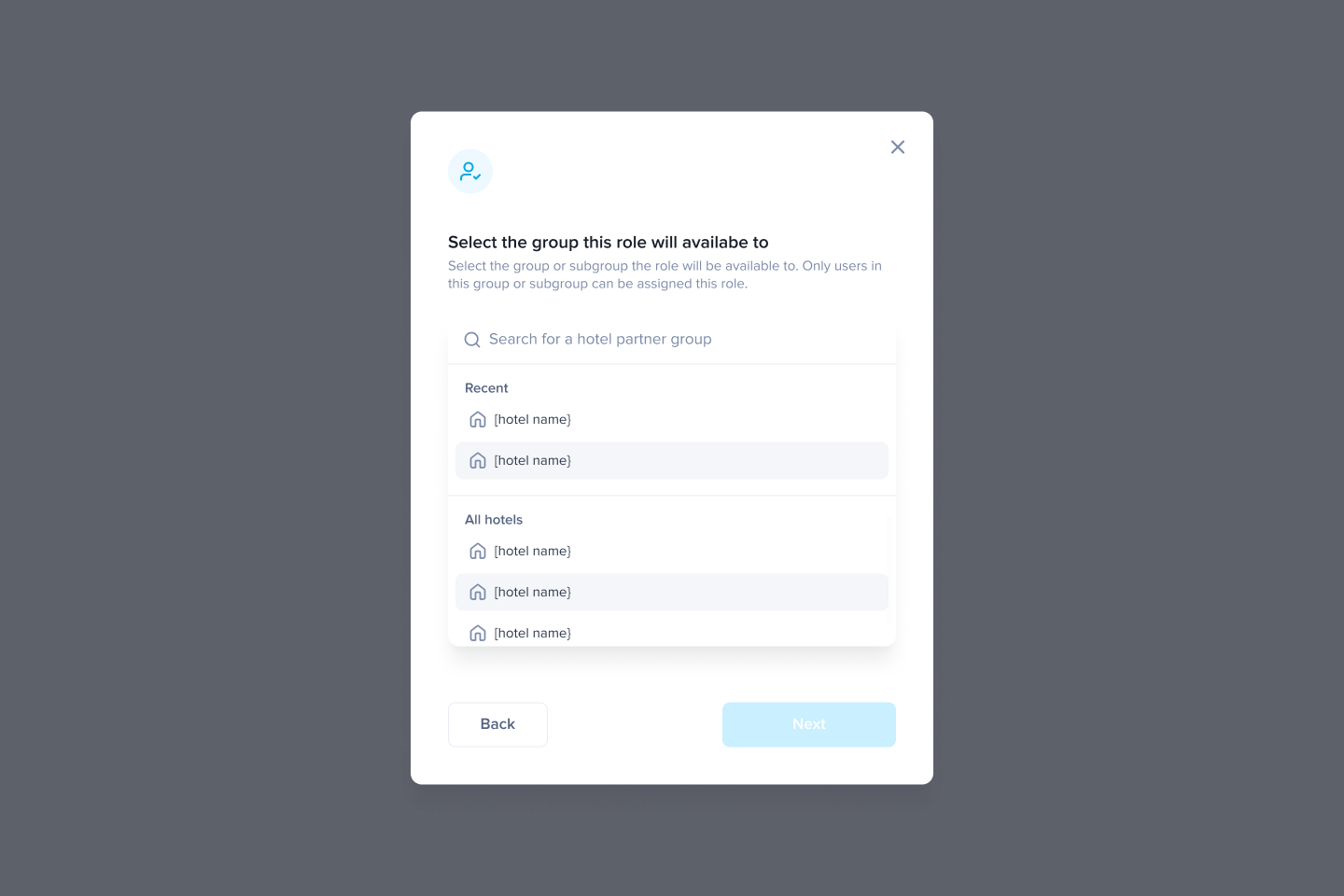 Role wizard step one for Hopper admins, with a search field and a list of recent and all hotel partner groups to assign the role to.