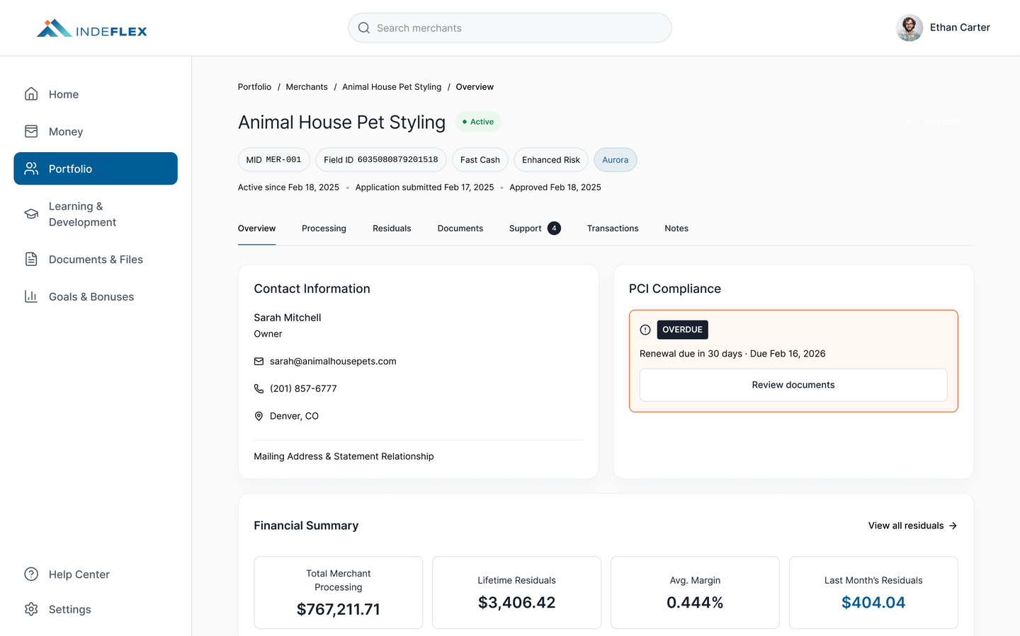 Merchant detail Overview tab for Animal House Pet Styling. Contact information, PCI compliance panel with renewal date and Overdue status, financial summary ($767,211.71 processing, $3,406.42 lifetime residuals, 0.444% avg margin), equipment table, and transactions and notes previews below.