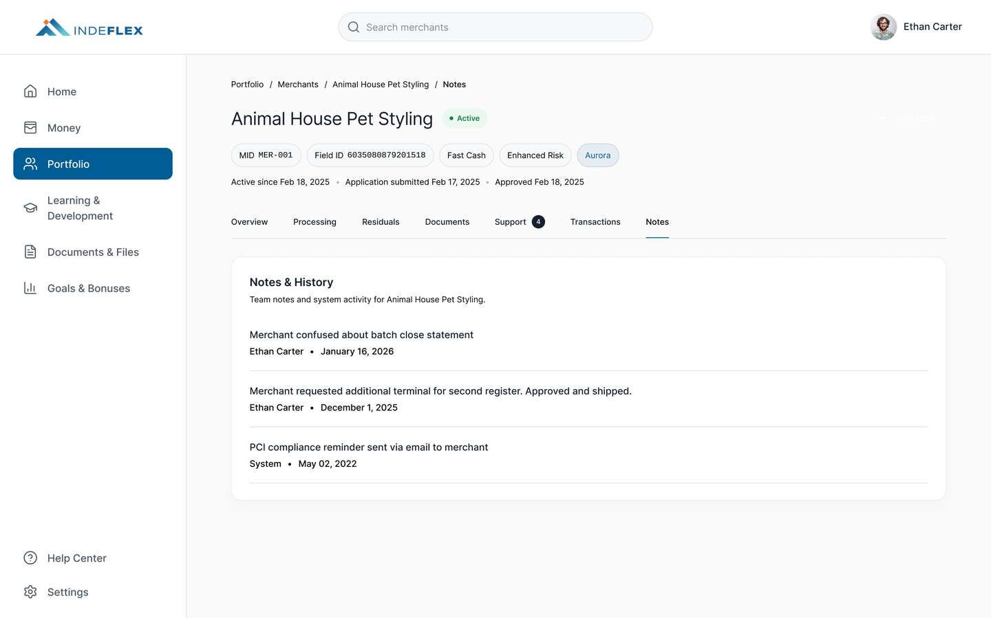 Notes tab for Animal House Pet Styling showing threaded notes and history entries with timestamps and author attribution.