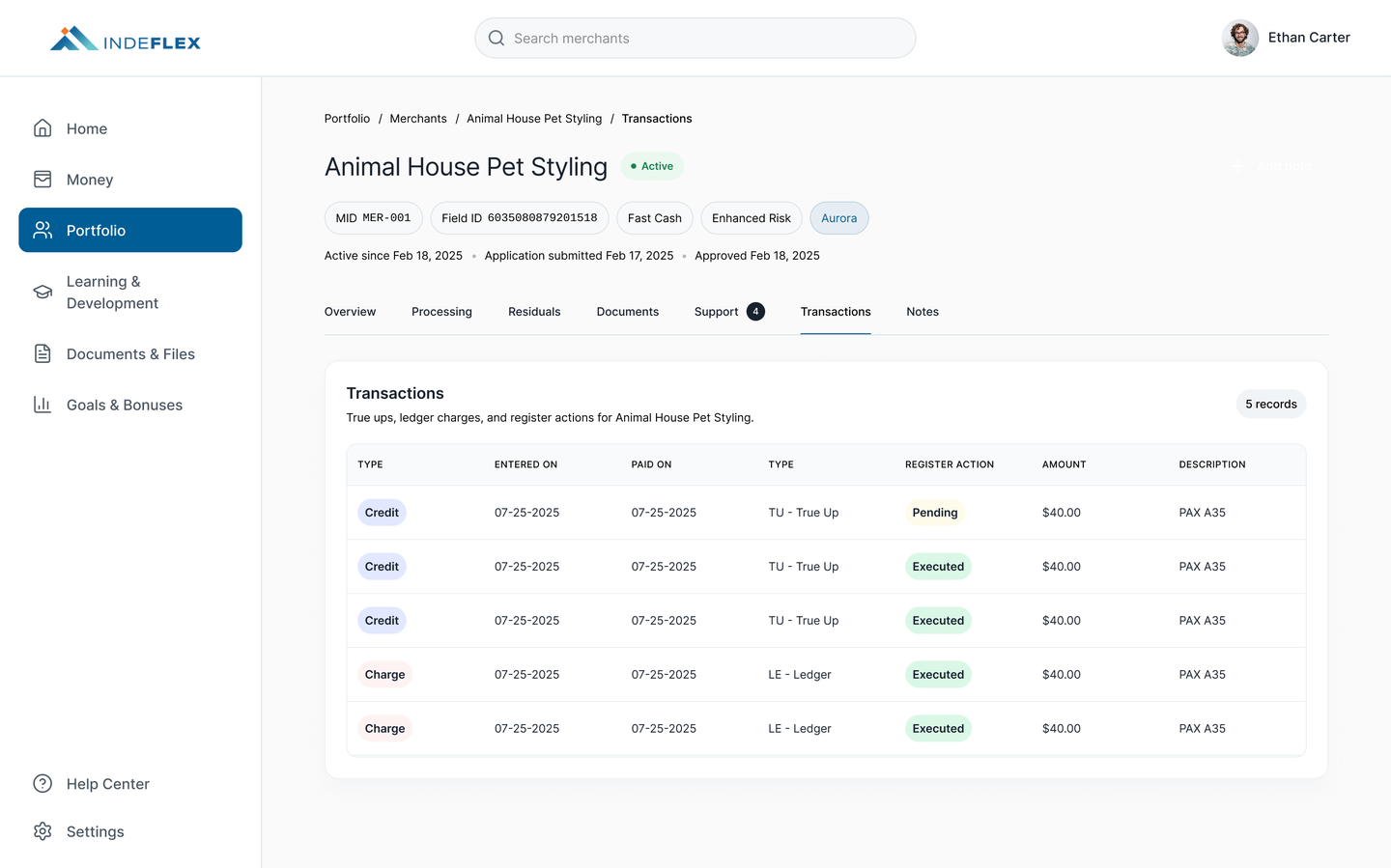 Transactions tab showing 5 records for Animal House Pet Styling. Credit and Charge rows with dates, type codes (TU True Up, LE Ledger), register action status chips (Pending, Executed), amounts, and description.