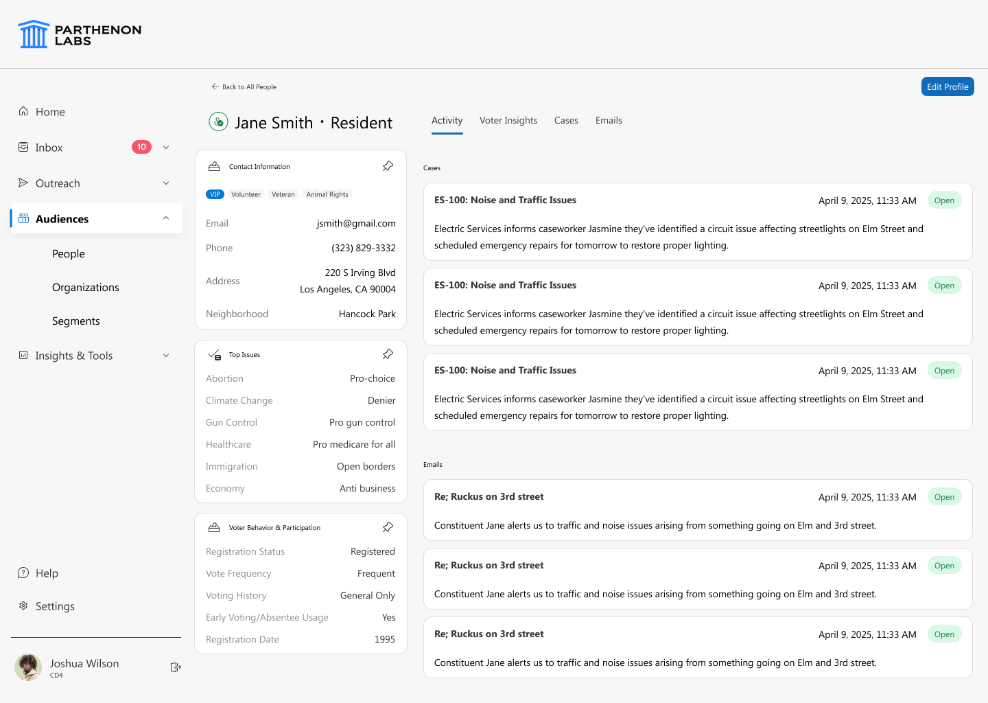 Constituent profile for Jane Smith showing contact info, VIP and Volunteer tags, Top Issues panel listing positions on abortion, climate change, gun control, healthcare, immigration, and economy, voter behavior details, and the right pane listing linked cases and emails.