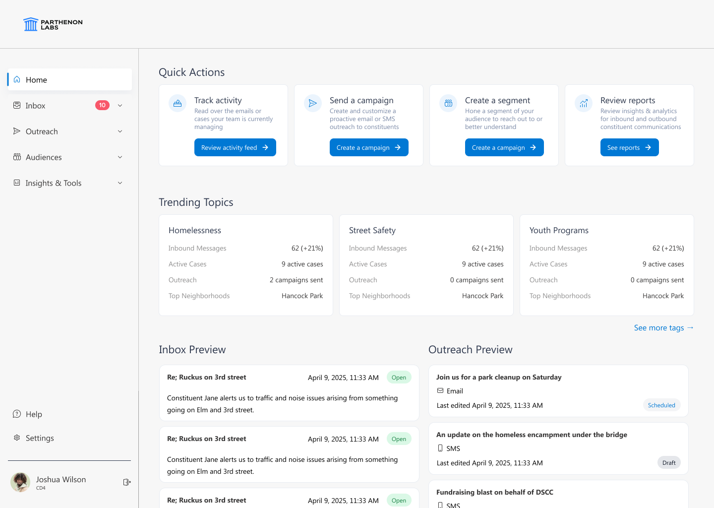 Parthenon Labs home dashboard showing Quick Actions, Trending Topics with sentiment metrics for Homelessness, Street Safety, and Youth Programs, and previews of the Inbox and Outreach modules.