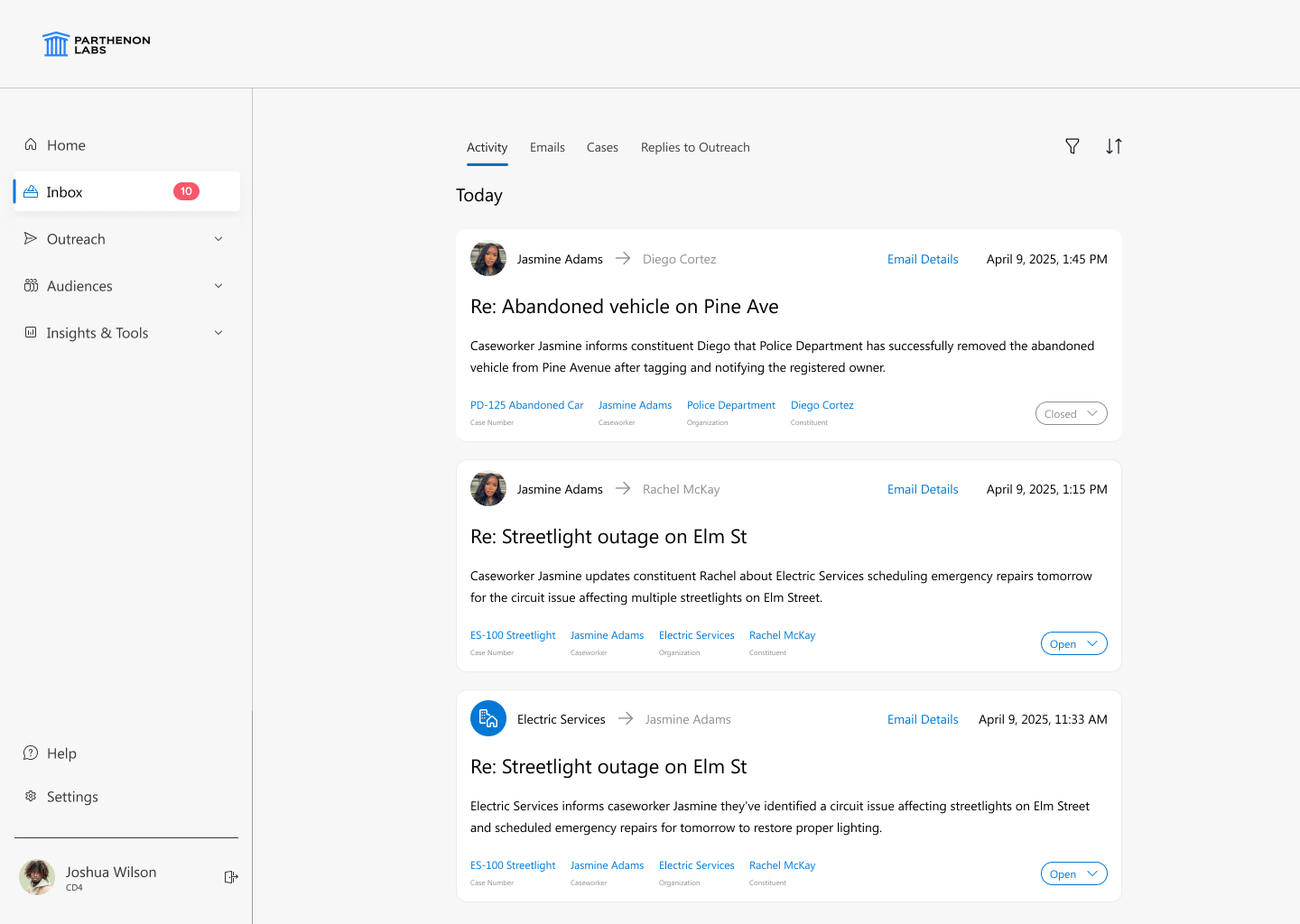 Inbox activity feed showing threaded replies between caseworkers, constituents, and city departments like Police Department and Electric Services, with case numbers (PD-125, ES-100) and status chips.