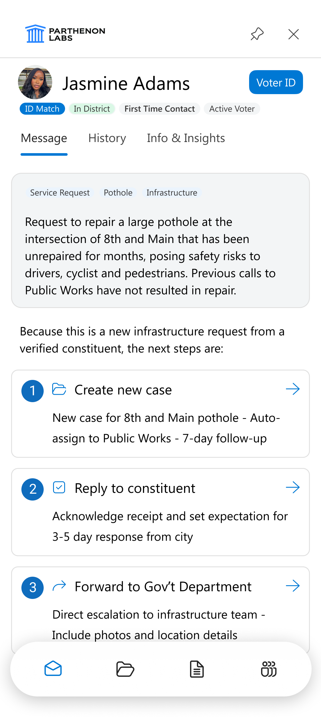 Outlook plug-in panel on the right side of an Outlook window showing a constituent card for Jasmine Adams with tags ID Match, In District, First Time Contact, Active Voter, an AI classification of the email as a Service Request about Pothole Infrastructure, and three suggested next actions: Create new case, Reply to constituent, Forward to Government Department.